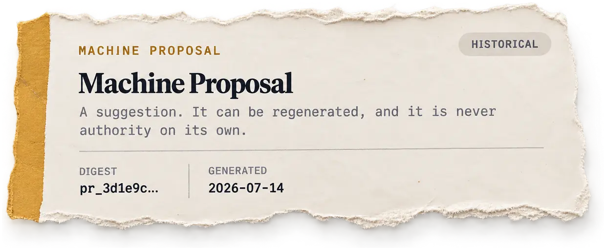 Machine Proposal, historical. A suggestion. It can be regenerated, and it is never authority on its own. Digest pr_3d1e9c, generated 2026-07-14.